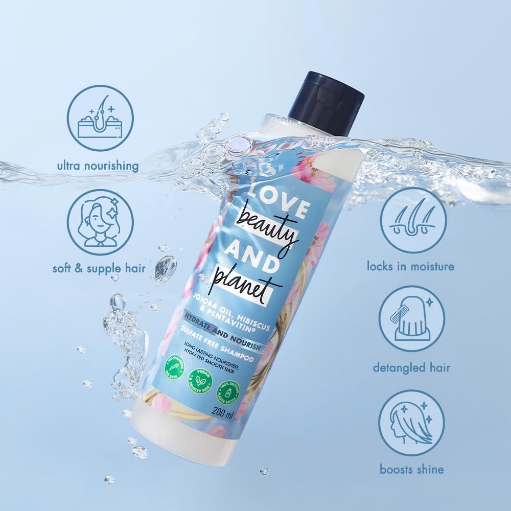 Love Beauty & Planet Jojoba Oil, Hibiscus & Pentavitin Hydrate & Nourish Shampoo | Sulfate-Free Hair Cleanser for Hydrated, Soft, Smooth & Healthy-Looking Hair | 200ml thumbnail