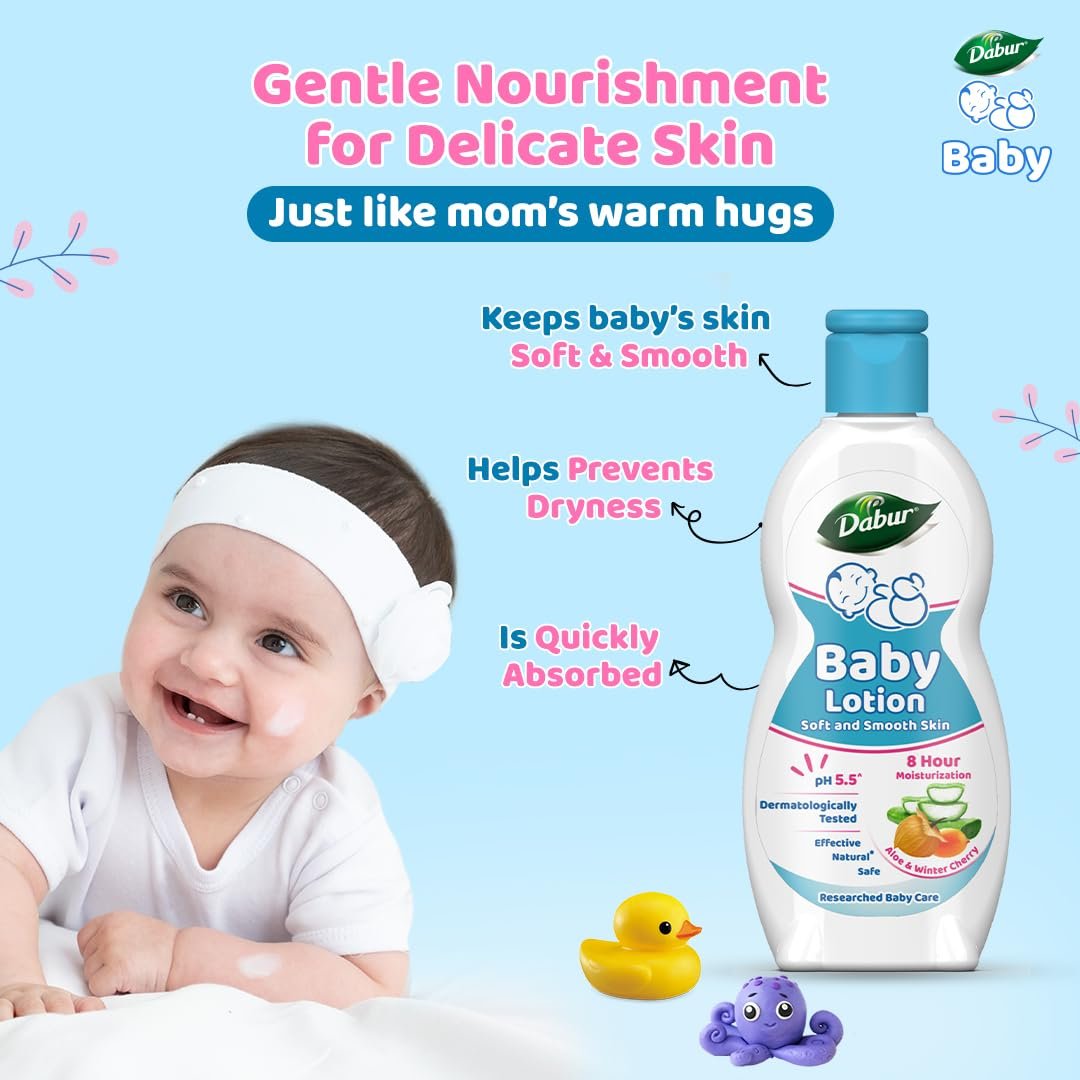 Dabur Baby Lotion: pH 5.5 Balanced for baby skin | Contains Aloe Vera, Licorice and Almonds | Hypoallergenic and Dermatologically Tested | No Paraben and Phthalates -200ml thumbnail