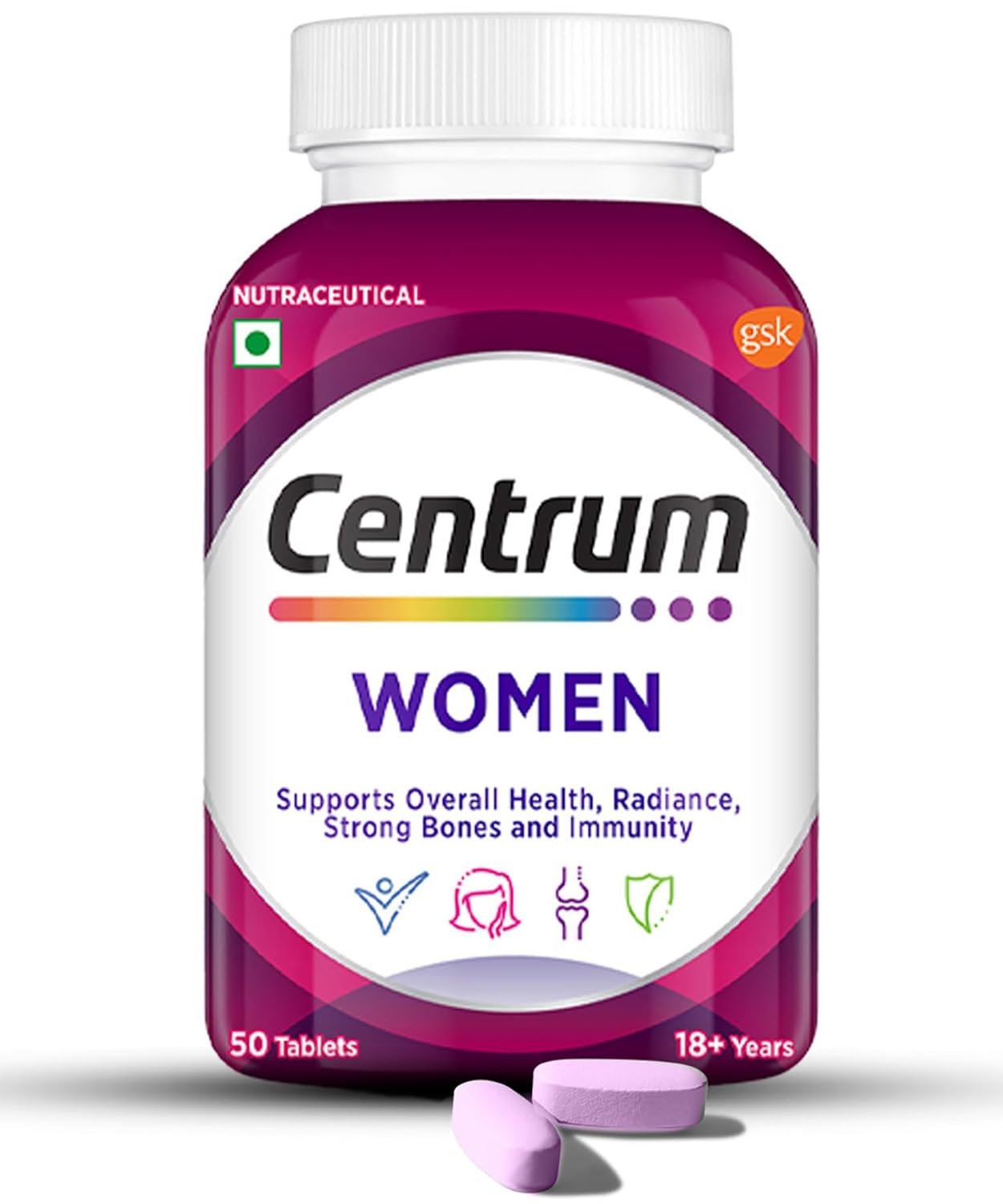 Centrum Women -Multivitamin Tablet for Women|With 23 Vital Nutrients including Zinc,Magnesium,Vitamin B,C,D, Calcium for Energy, Immunity,Radiance,Strong Bones and Overall Health|Veg - 50 ta