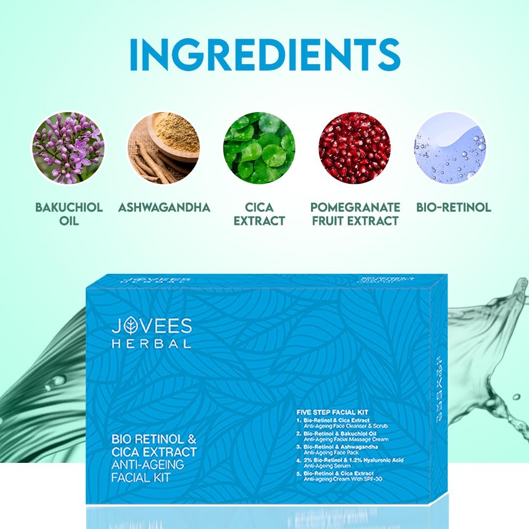 Jovees Herbal 30 Spf Bio Retinol & Cica Extract Anti Ageing Facial Kit For Ageing, Wrinkles, Fine Lines & Dark Spots With Bakuchiol Oil | 5 Step Facial Kit For All Skin Types 215g thumbnail