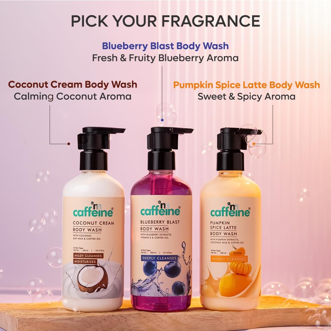 mCaffeine Blueberry Blast Body Wash with Fruity Fresh Blueberry Long Lasting Fragrance - 300 ml | Deep Cleansing & Detan for Soft & Smooth Skin | Shower Gel | thumbnail