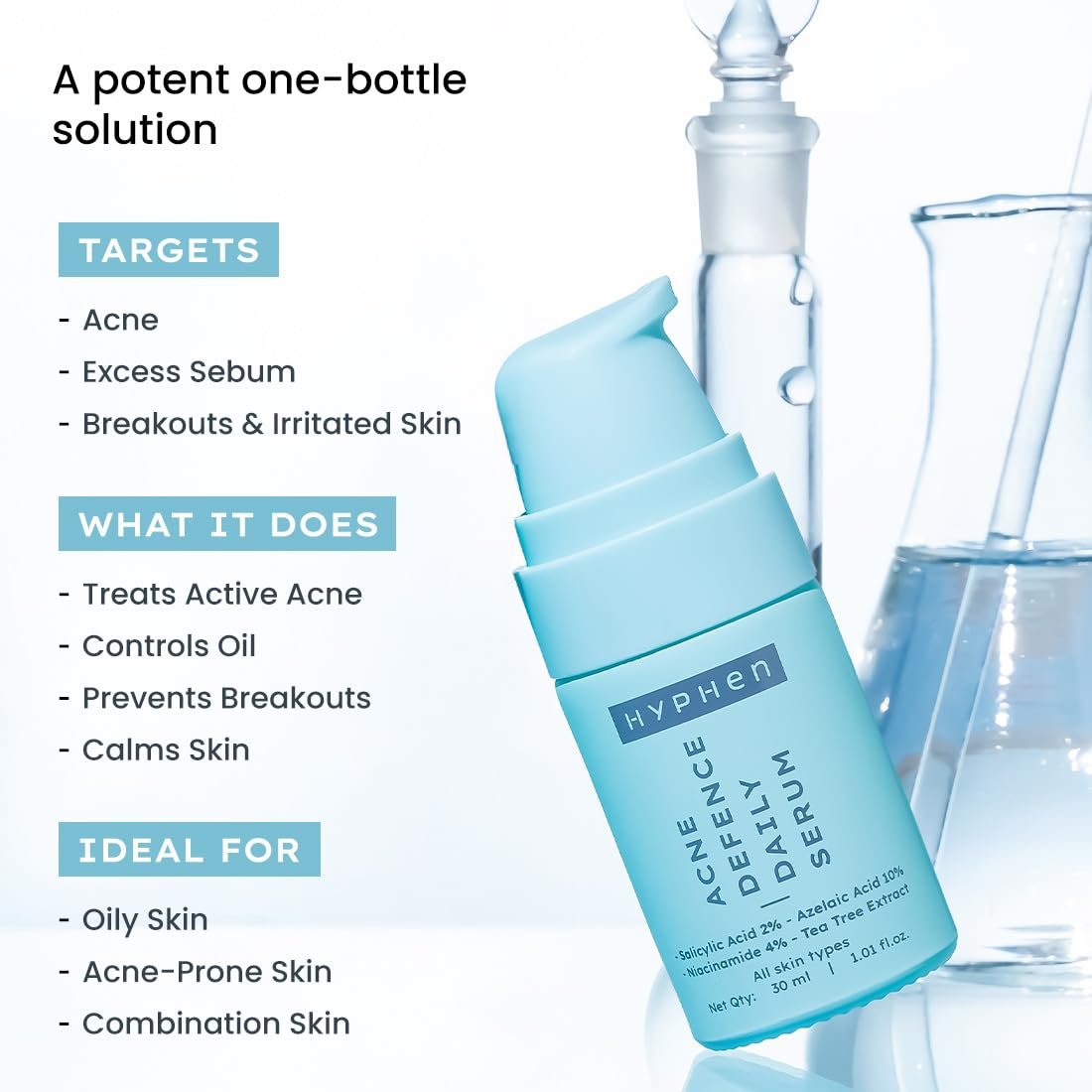 Hyphen 2% Salicylic Acid Serum for Acne Control | 10% Azelaic Acid to control acne marks | 4% Niacinamide| Exfoliating, Pore Cleansing & Blackheads Control Serum| For Oily & Acne Prone Skin thumbnail