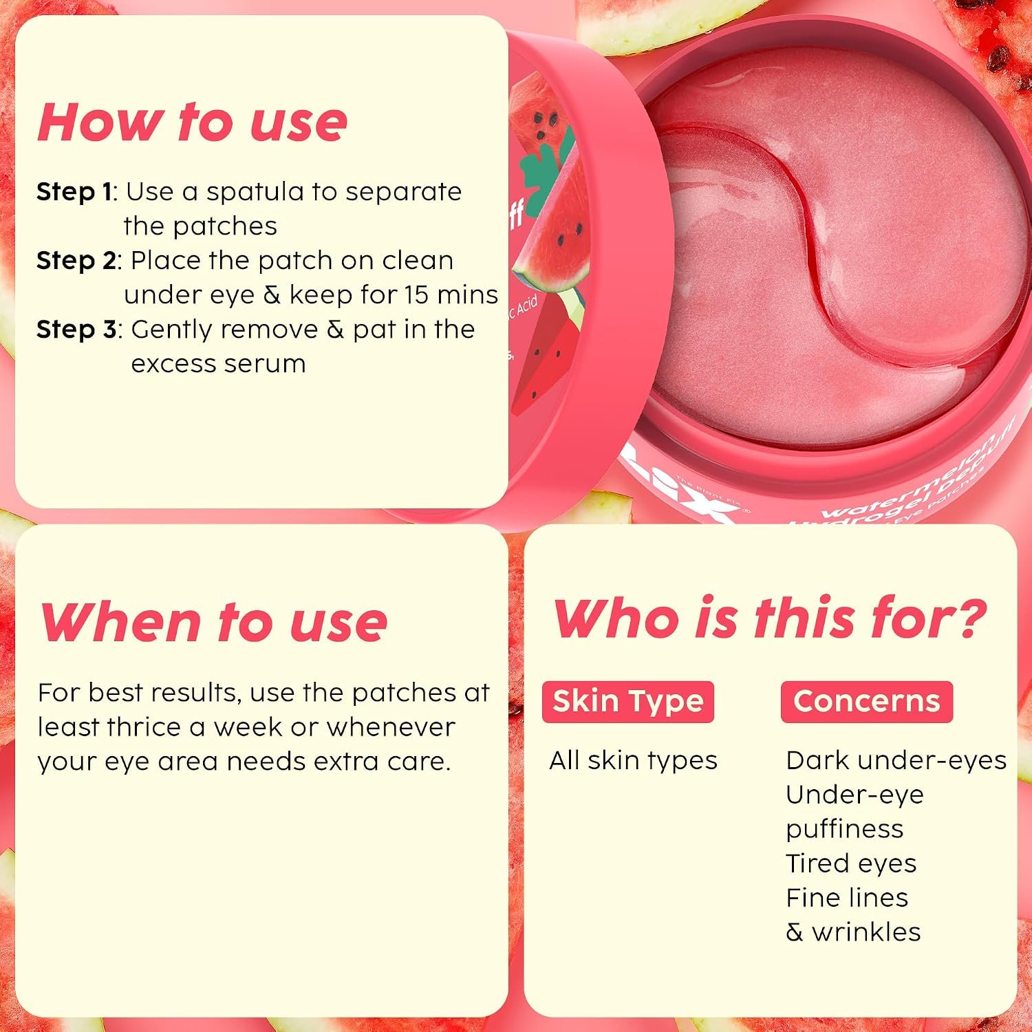 PLIX - THE PLANT FIX Watermelon Hydrogel Under Eye Patches for Dark Circles & Puffiness Reduction | Caffeine & Hyaluronic Acid | Eye Patches | Instantly Hydrates, Cools & De-Puffs | 14 Patch thumbnail