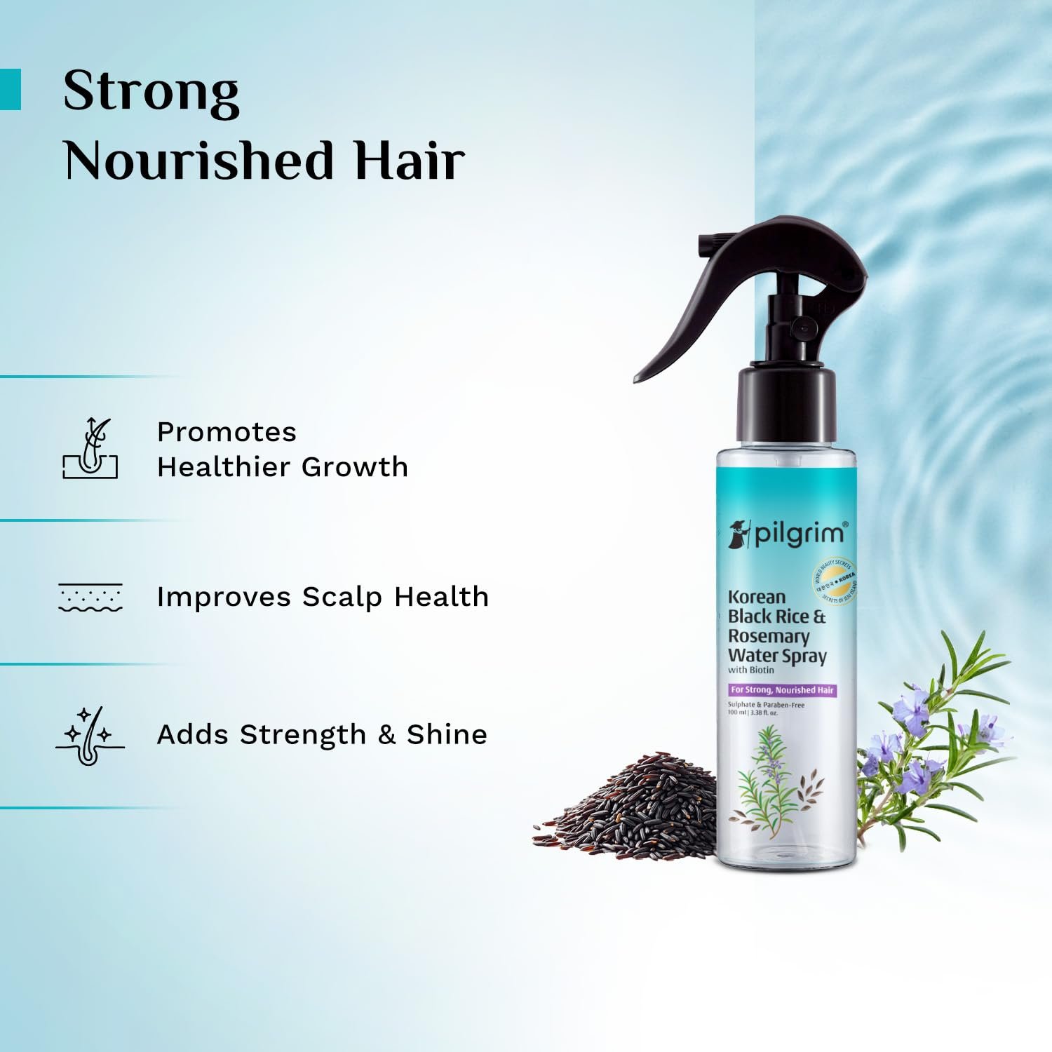 Pilgrim Korean Black Rice and Rosemary Water Spray With Biotin for Hair Growth 100ml | Hair Spray for Regrowth | Thicker & Stronger Hair | Sulphate & Paraben Free I For Women & Men thumbnail