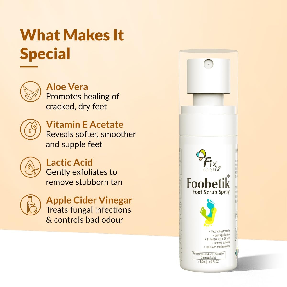 Fixderma Foobetik Foot Scrub Spray with Lactic Acid | 30 sec Foot Facial Spray | Foot Scrubber for Dead Skin | Callus Remover Spray | Heel Scrubber for Feet|Instantly Smooth & Soft Feet 50ml thumbnail