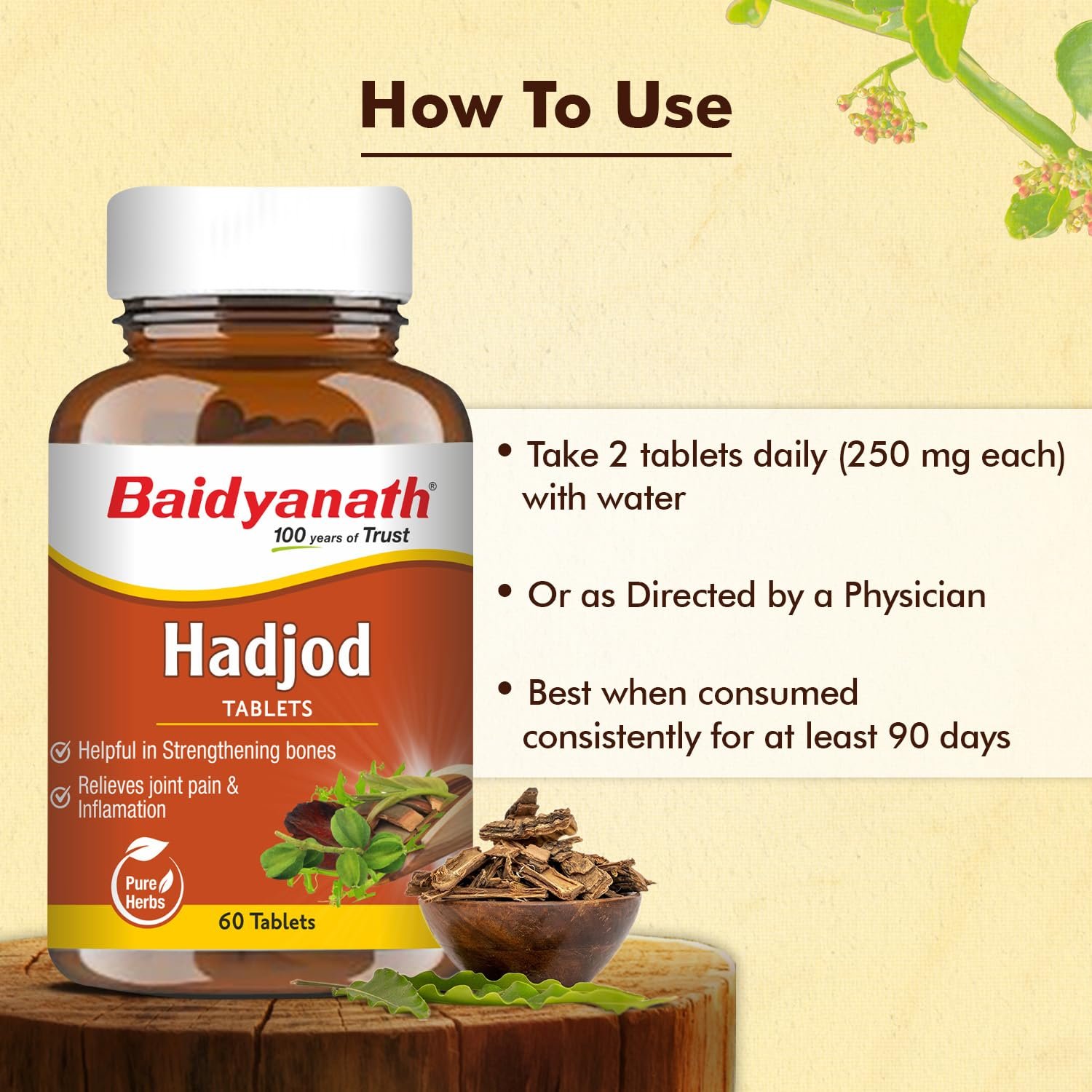Baidyanath Ayurved Hadjod - 60 Tabs | Pure Natural Ayurved Tablets | For Joint Health, Wellness Tablets | Helps in Weight And Bone Support thumbnail