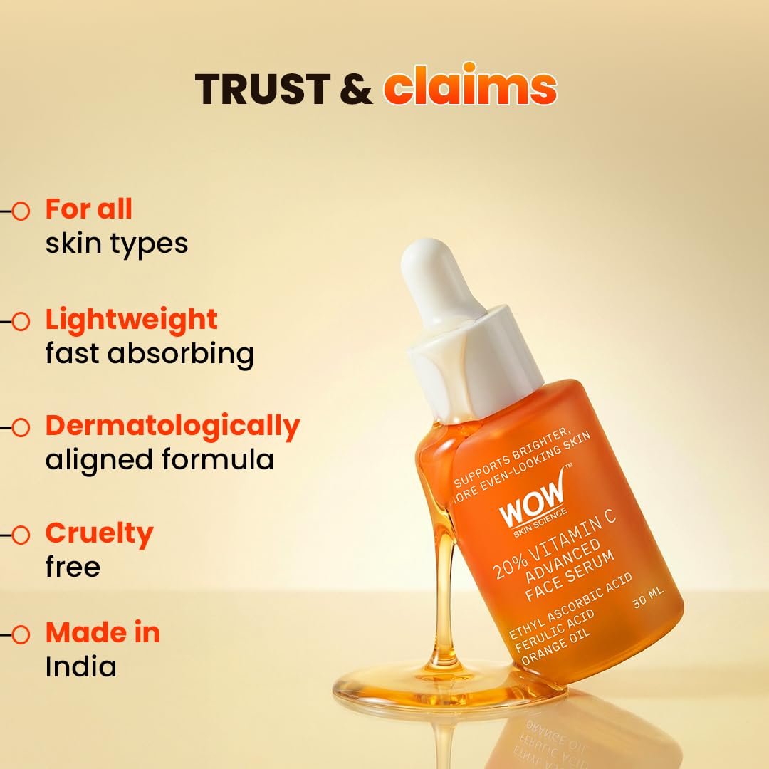 WOW Skin Science 20% Vitamin C Advanced Face Serum | Ethyl Ascorbic Acid + Ferulic Acid + Orange Oil | Brightening, Dark Spot Reduction & Even Skin Tone | 30ml thumbnail