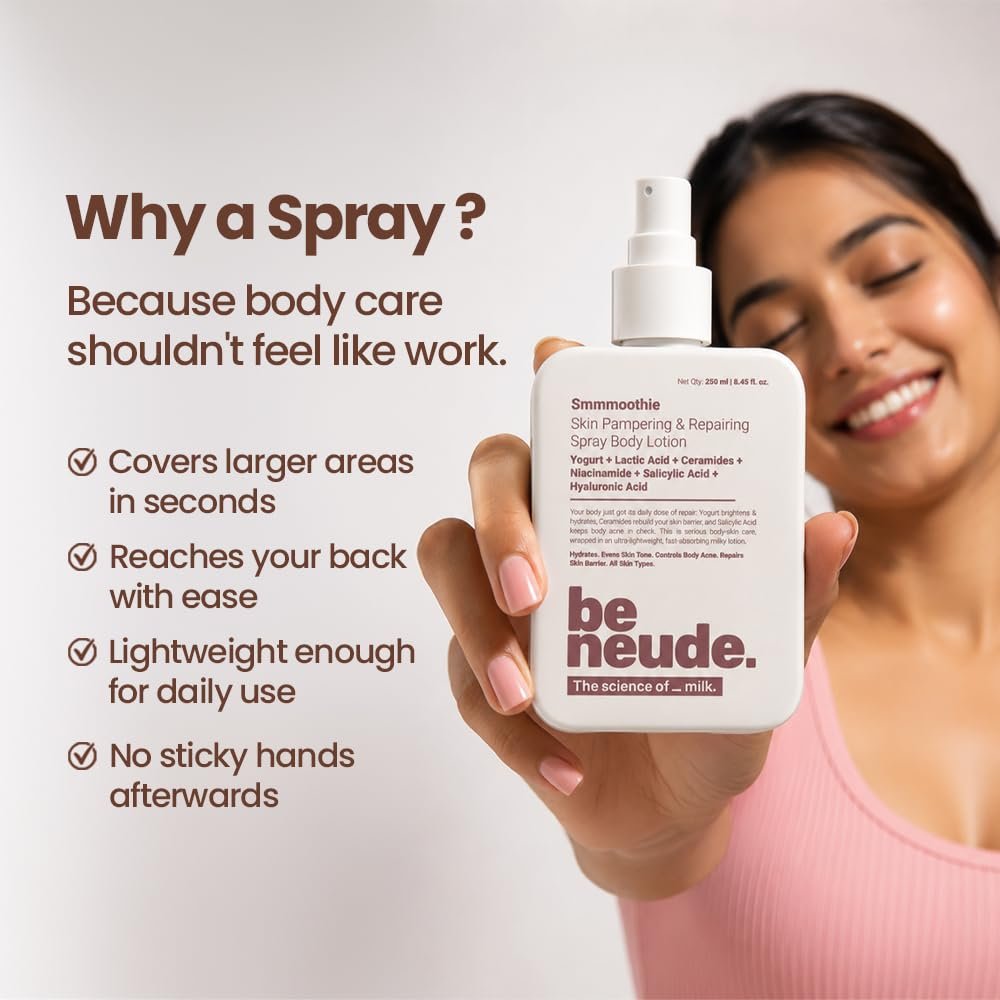 Be Neude Body Lotion with Ceramide, Lactic Acid, Niacinamide & Hyaluronic Acid for Deep Hydration, Barrier Repair & Dark Spot Reduction, Ultralight, Non-Sticky Body Lotion Smmmoothie, 250ml thumbnail