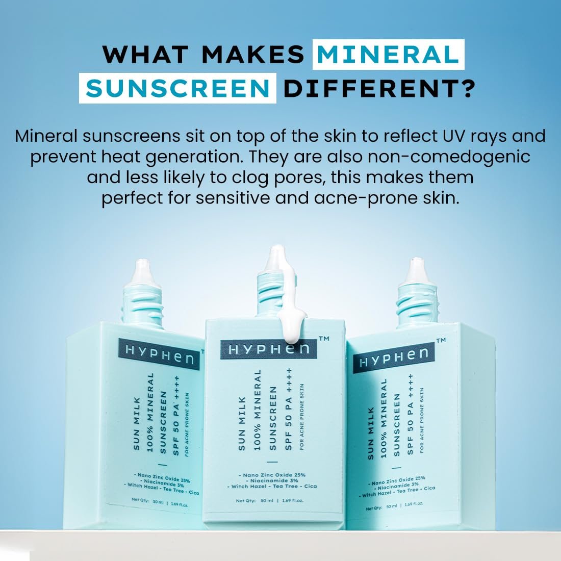 Hyphen SUN MILK 100% MINERAL SUNSCREEN SPF 50 PA++++ UV+ Bluelight Protection, 25% Nano Zinc Oxide | In-Vivo Certified | Sensitive, Acne Prone & Oily Skin, Water Resistant Sun Protect |50 ml thumbnail