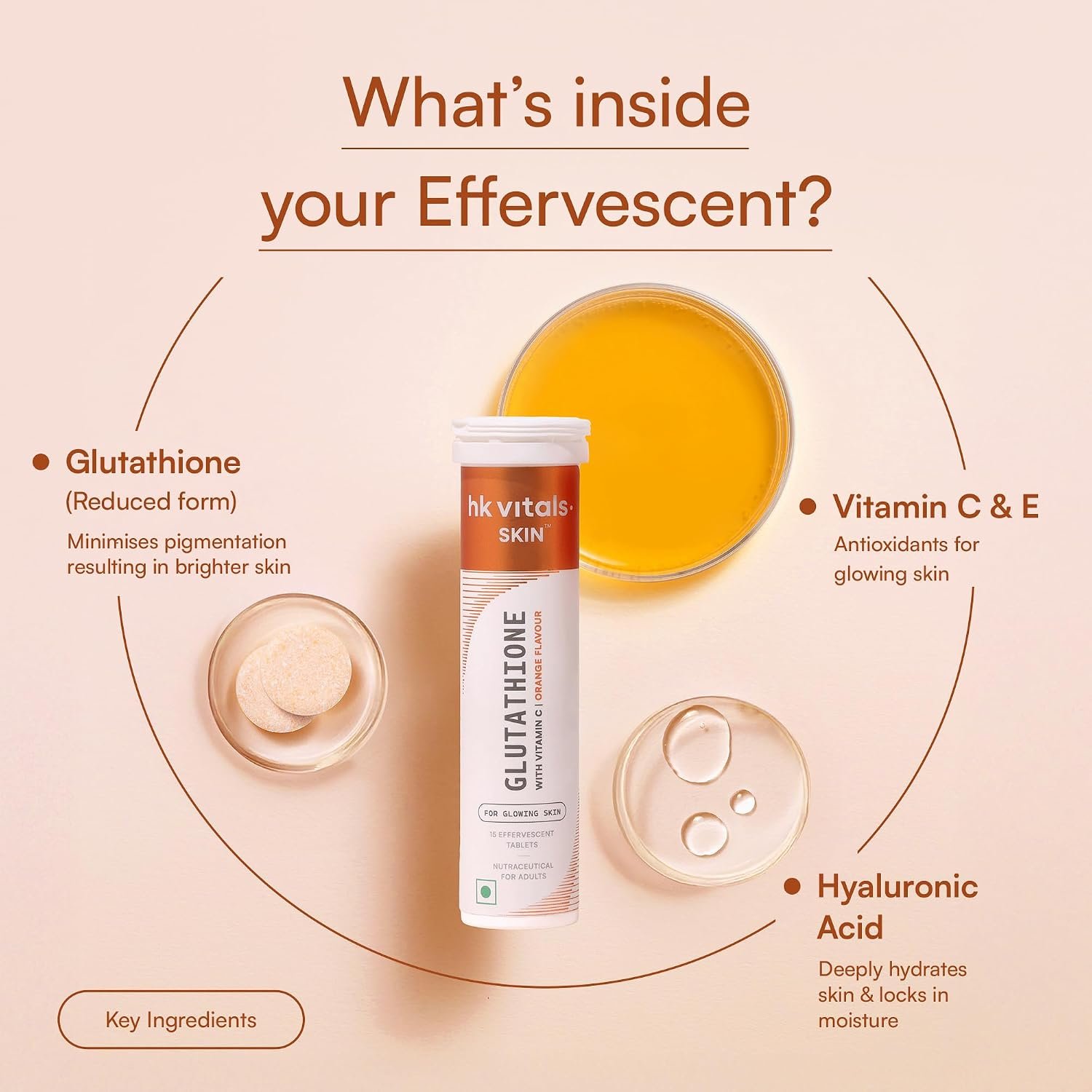 hk vitals Glutathione, Orange, 15 Effervescent Tablets L-Glutathione with Vitamin C & E | For Skin Glow & Hydration thumbnail