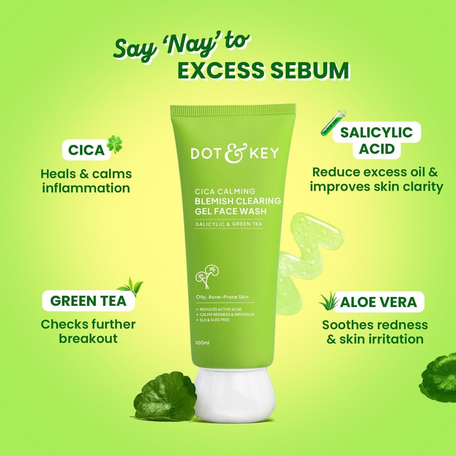 Dot & Key CICA Face Wash for Acne Prone Skin, 2% Salicylic Acid with Green Tea | For Oily & Sensitive Skin | Sulphate Free for Men & Women 175ml thumbnail