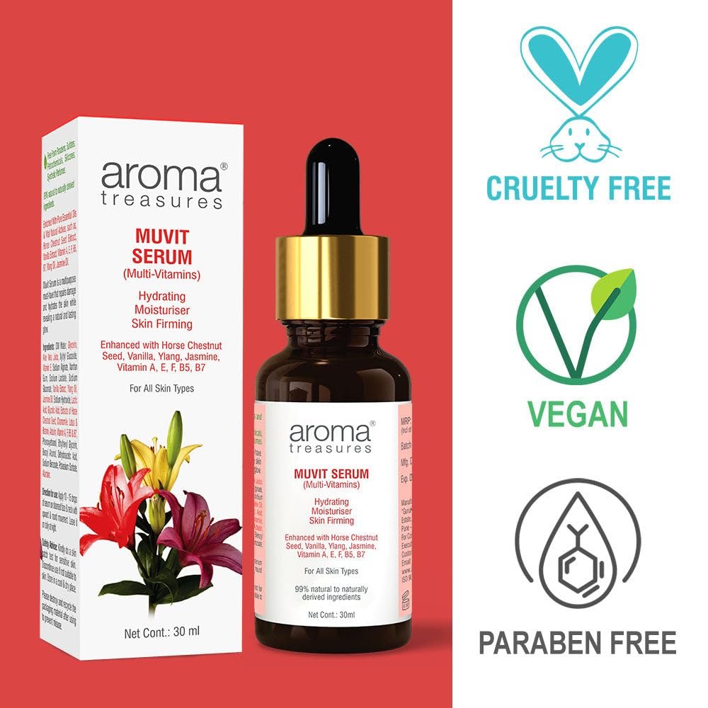 Aroma Treasures Muvit Serum Face Serums | Multi Vitamin enriched with Vitamin A, E, F, B5, B7, Ylang Oil, Jasmine Oil | repairs damage and hydrates the skin | For All Skin Types - 30ml thumbnail