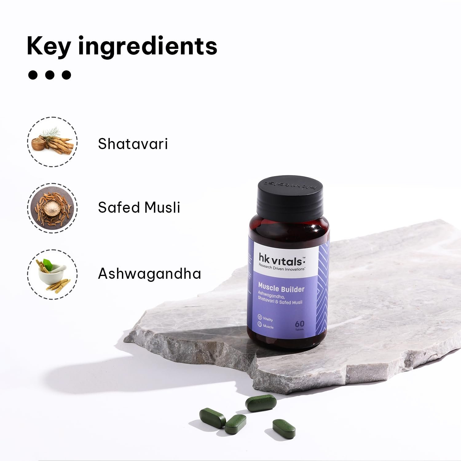 hk vitals Muscle Builder, 60 Tablets Blend of Ashwagandha, Shatavari and Safed Musli | For Immunity, Muscle Strength and Vitality thumbnail