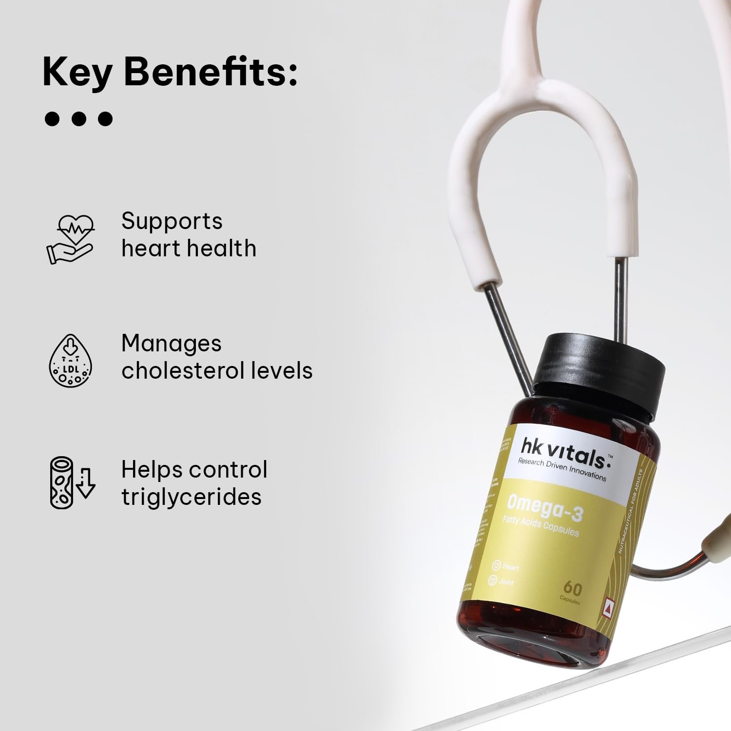 hk vitals Omega 3, 60 Fish Oil Capsules 1000mg with 180mg EPA & 120mg DHA | Supports Brain, Heart, Eye & Joint Health thumbnail