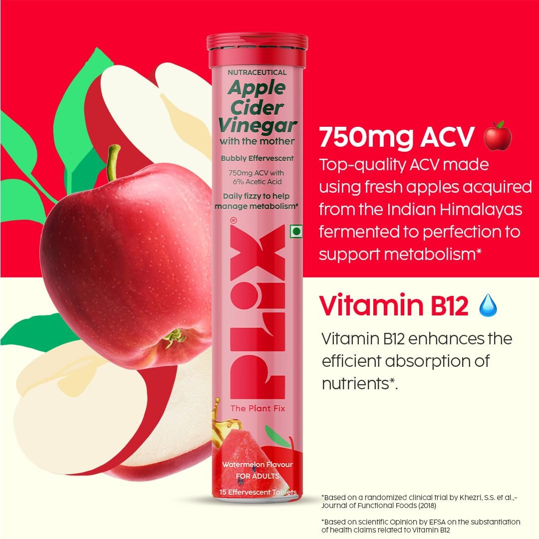 Plix Apple Cider Vinegar Effervescent Tablets Watermelon Flavour | 750mg ACV with The Mother | Supports Digestion & Metabolism | Helps Manage Cravings | Vitamin B6 & B12 | No Added Sugar (Pa thumbnail