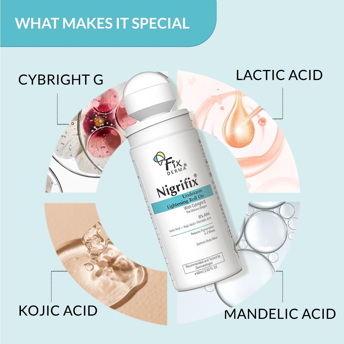 Fixderma Nigrifix Underarm Roll on with 6% AHA, Lactic Acid & 1% Mandelic Acid & Kojic Acid | Brightens Skin & Exfoliates Underarm | For All Skin Type, Men & Women - 60ml thumbnail