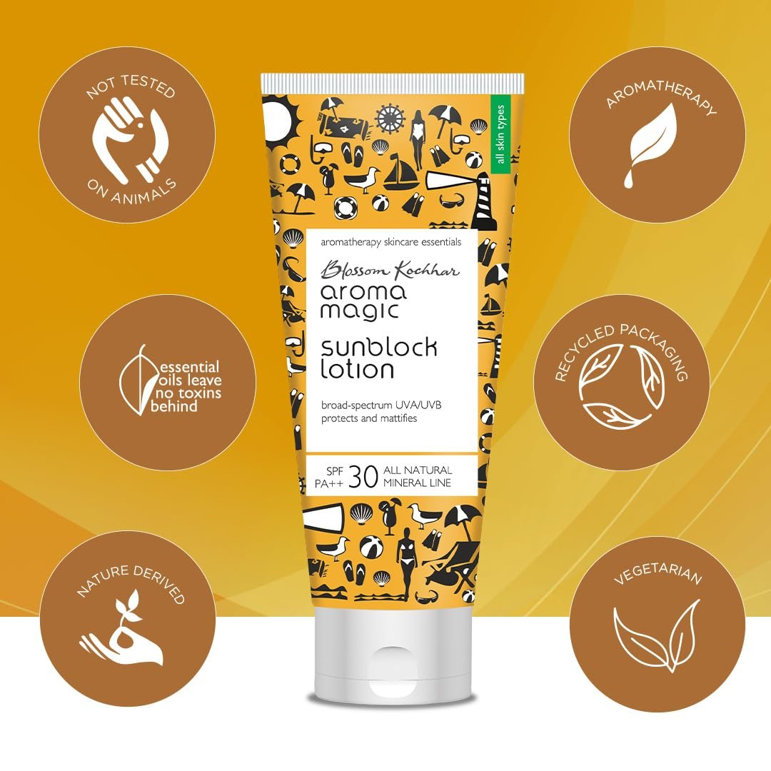 Aroma Magic Matte Sunblock Sunscreen Lotion | SPF 30 PA++ Protection with Non-Nano Zinc Oxide | No Parabens, Alcohol-Free | Calendula, Chamomile | Chemical-Free | All Skin | 100ml thumbnail