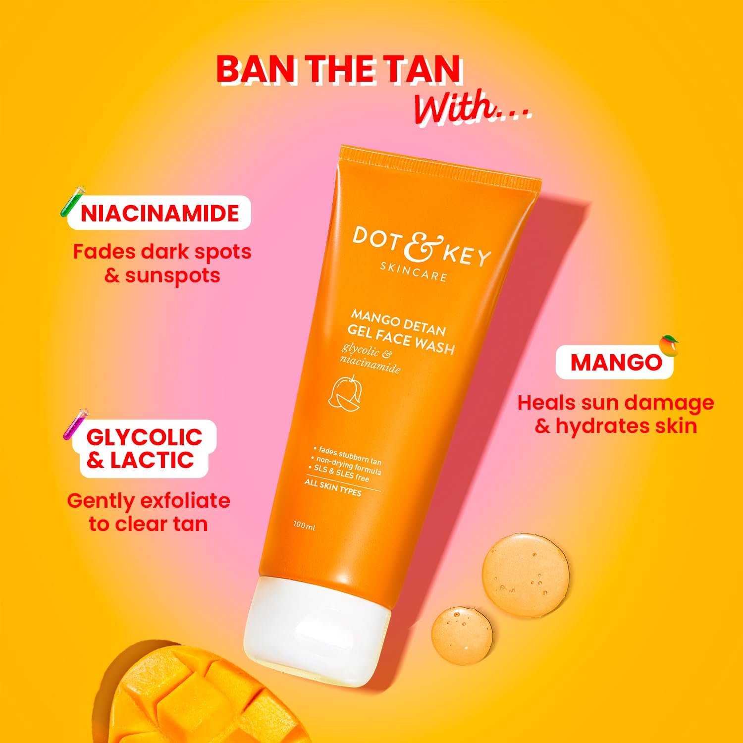 Dot & Key Mango Detan Gel Face Wash | Gently Cleanses Skin From Dirt & Oil | Fades Stubborn Tan | For All Skin Types | 100ml thumbnail