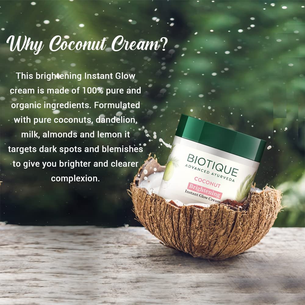 Biotique Coconut Brightening Instant Glow Cream| Lightweight and Non-Greasy | Reduces Dark Spots and Protects Ageing | Nourished and Moisturized Skin |100% Botanical Extracts| All Skin Types thumbnail