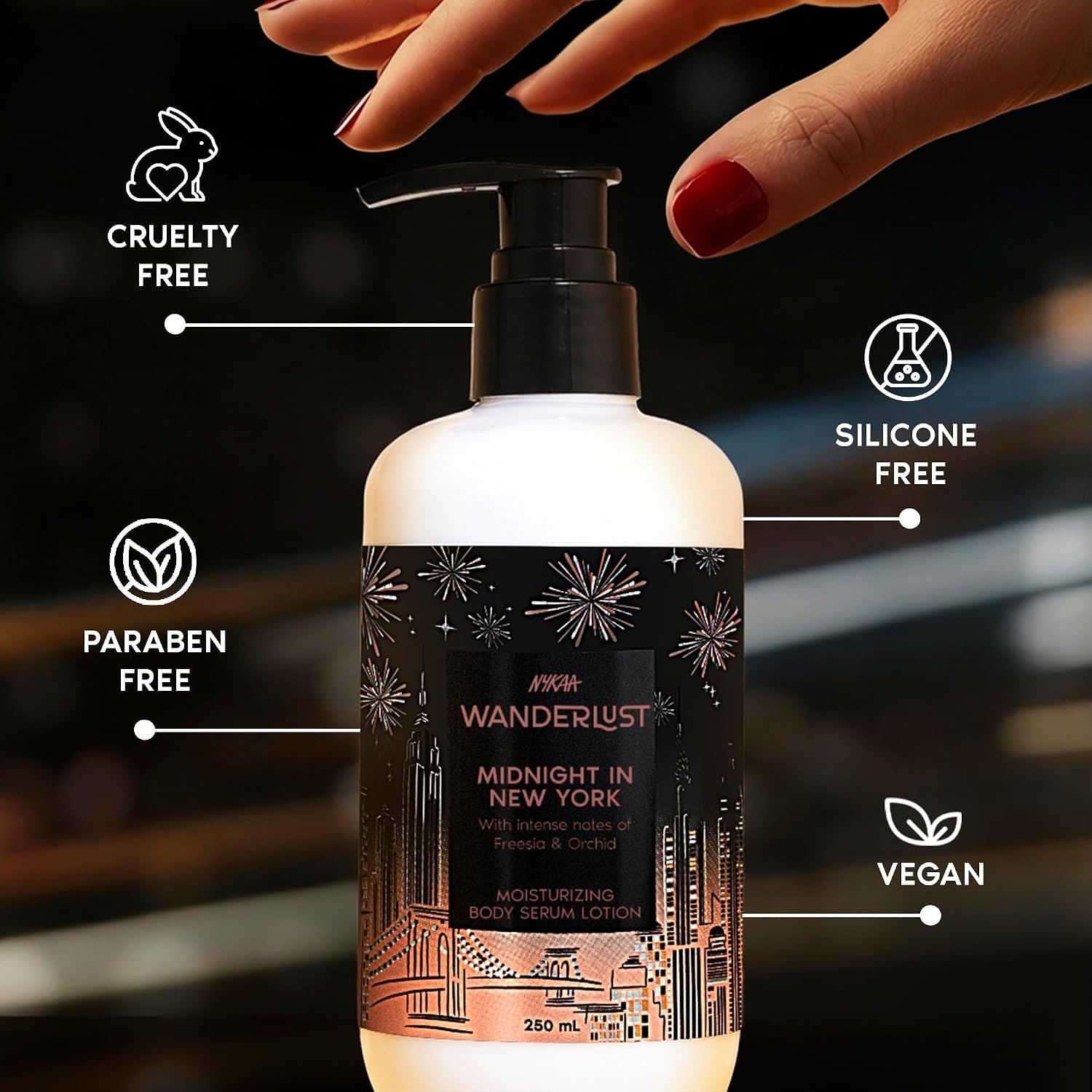 Nykaa Wanderlust Midnight in New York Moisturising Body Lotion, 250 ml |Orchid & Musk | Lightweight, Long-Lasting Moisturisation| Vegan, Paraben-Free I Suitable for All Skin Types thumbnail