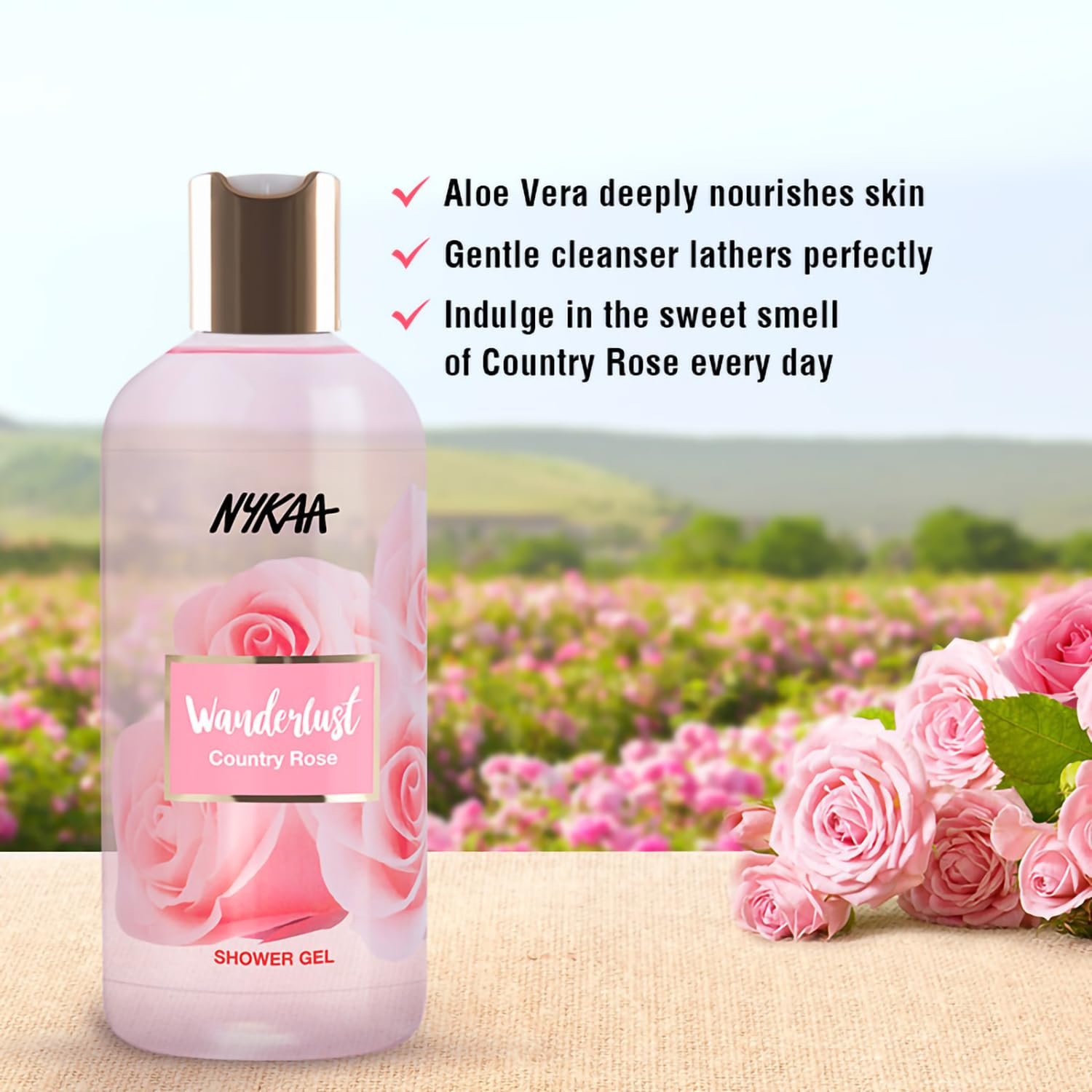 Wanderlust Country Rose Shower Gel, 300 ml| Nourishes & Hydrates| Gentle Cleanser| Floral Fragrance of Country Rose |Enriched With Aloe Vera| Paraben-Free, Vegan Formula| thumbnail