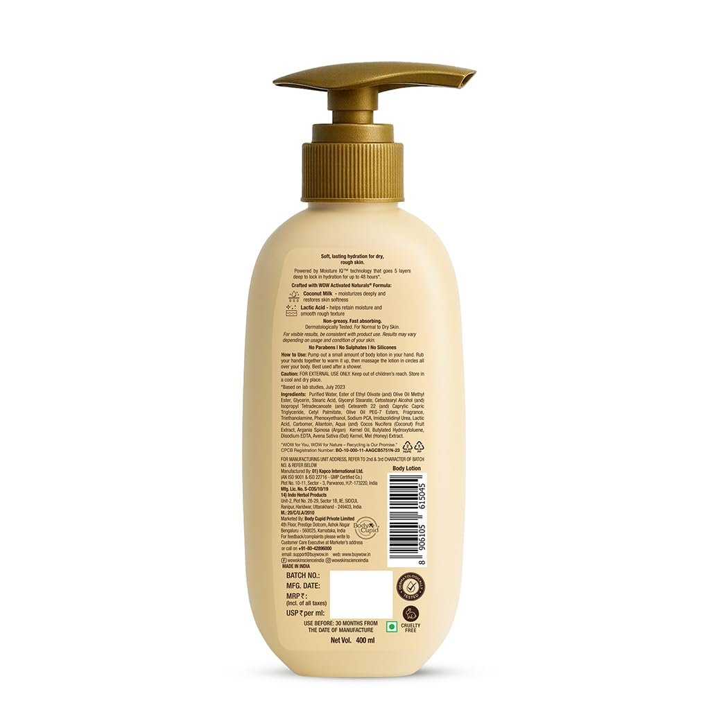 WOW Skin Science Coconut Milk & Argan Oil Body Lotion - Medium Hydration - No Mineral Oil, Parabens, Silicones, Color & PG - 400ml thumbnail