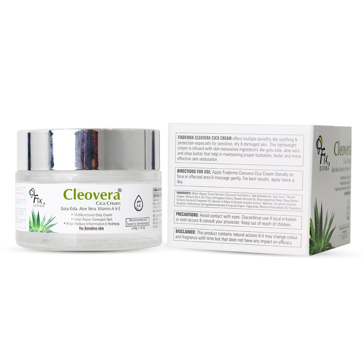 Fixderma Cleovera Cica Cream for Face with Gotu Kola, Aloevera, Vitamin A & E | Damage Skin Repair Face Cream | Suitable for Sensitive, Dry & Damaged Skin - 50g thumbnail