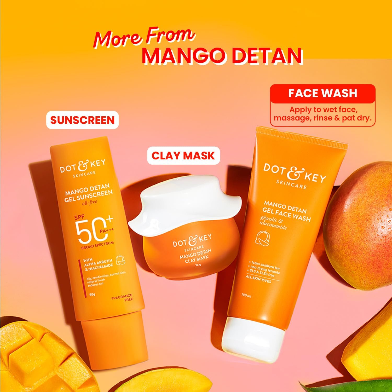 Dot & Key Mango Detan Gel Face Wash | Gently Cleanses Skin From Dirt & Oil | Fades Stubborn Tan | For All Skin Types | 100ml thumbnail