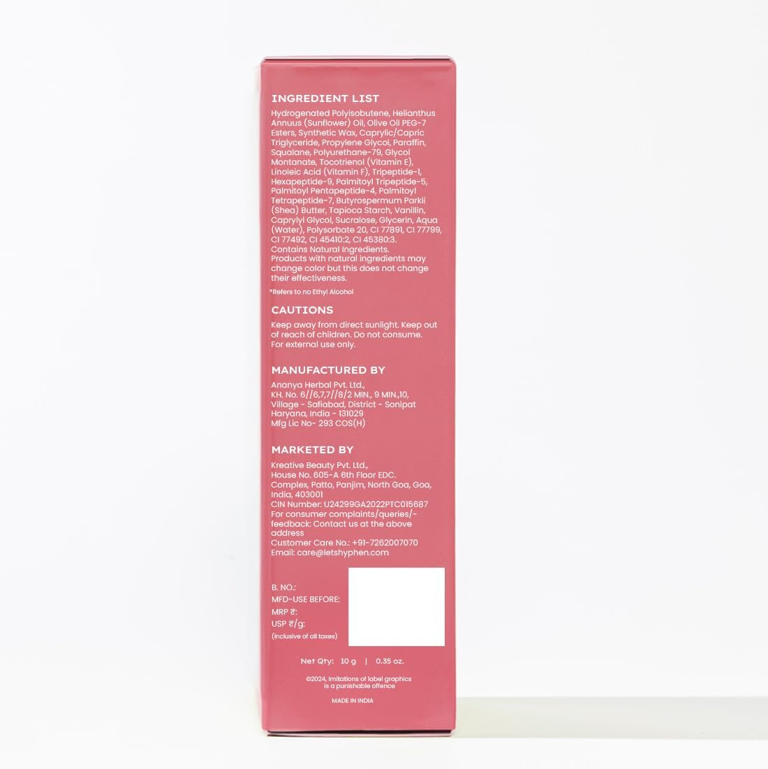 Hyphen Tinted Lip Balm - Marshmallow Pink | 1% Vitamin E, 2% Squalane & Peptides | Brightening Lip Balm for Dark Lips | 24h Moisturization & Hydration for Dry & Chapped Lips - 10 g thumbnail
