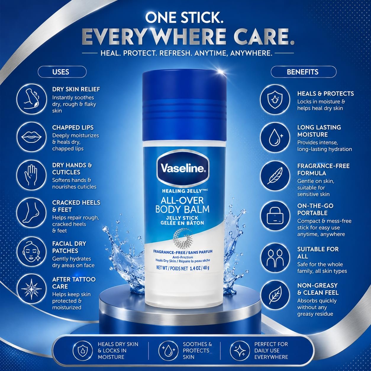 Vaseline All Over Body Balm Jelly Stick 40g | Fragrance Free Healing Jelly Moisturizer for Dry Skin & Anti Chafing Care thumbnail