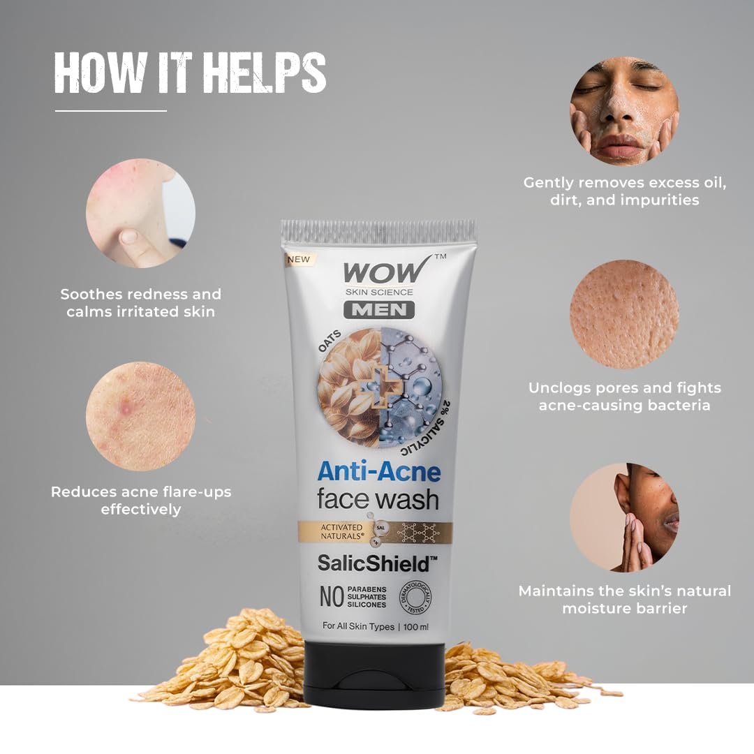 WOW Skin Science MEN OAT EXTRACT + 2% SALICYLIC ACID Anti-Acne Face Wash | Targets Acne & Prevents Breakouts | SalicShield™ Technology | No Sulphates, Parabens or Silicones | 100ml thumbnail