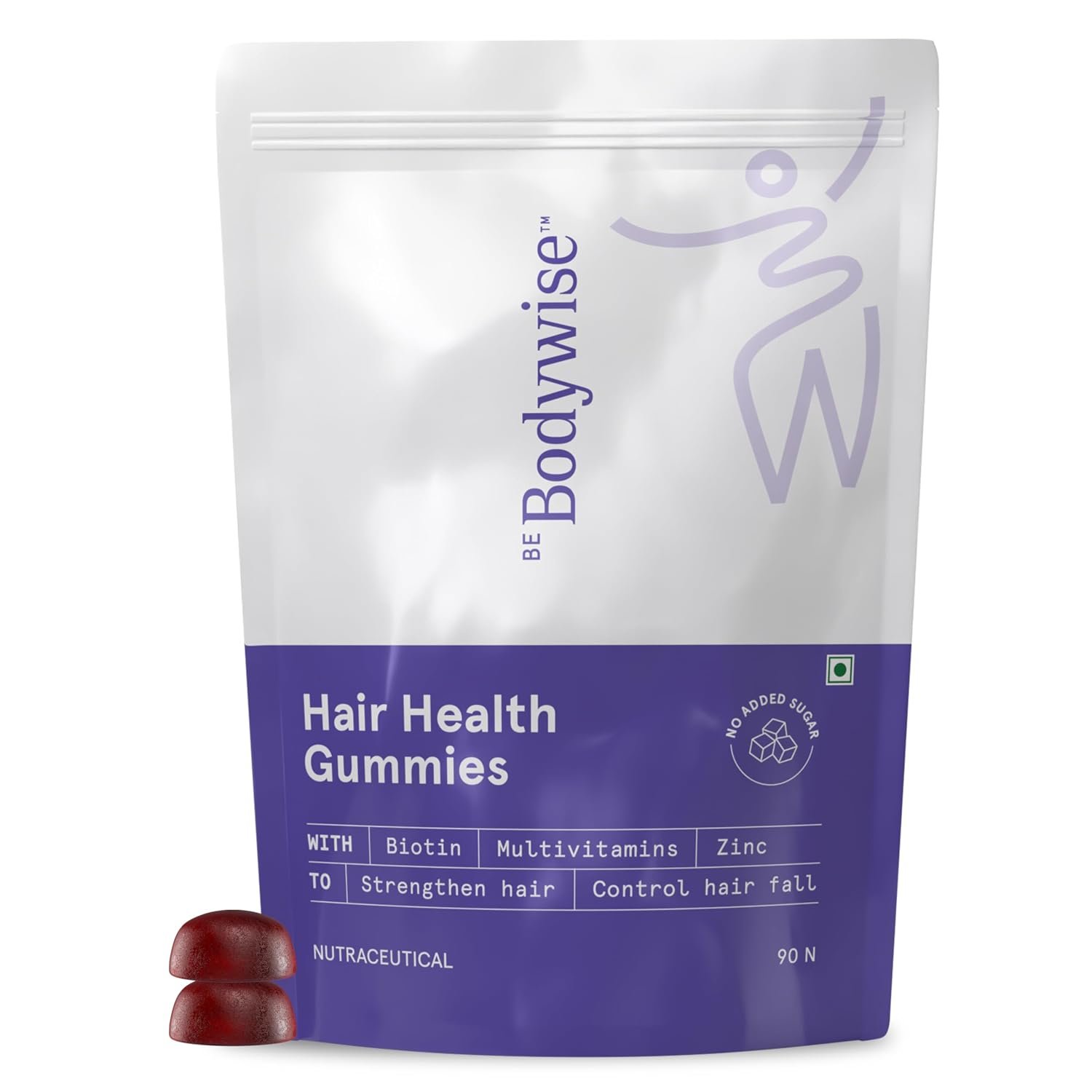 Be Bodywise Biotin Hair Gummies for Stronger, Shinier Hair & Nails | 90 Day Pack | High Potency Biotin, Zinc, Folic Acid, Fibre & Multivitamins | Strawberry Flavour | No Added Refined Sugar,