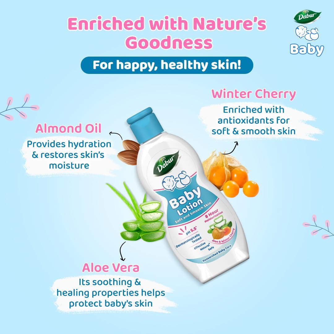 Dabur Baby Lotion: pH 5.5 Balanced for baby skin | Contains Aloe Vera, Licorice and Almonds | Hypoallergenic and Dermatologically Tested | No Paraben and Phthalates -200ml thumbnail