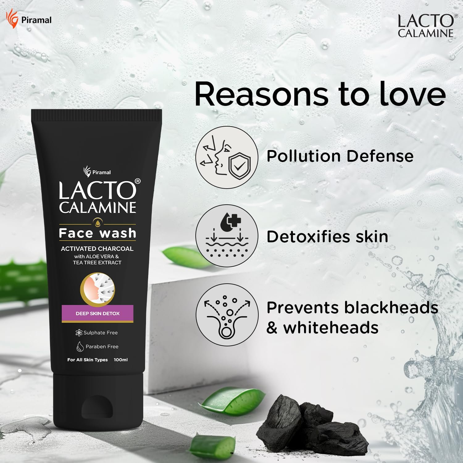 Lacto Calamine Activated Charcoal Face Wash with Aloe Vera & Tea Tree Extract for Deep Skin Detox. Removes impurities and fights blackheads & whiteheads. 100 ml thumbnail