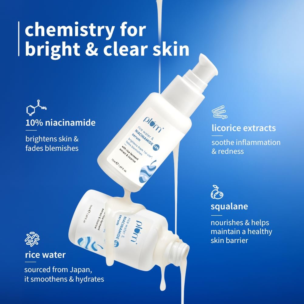 Plum 10% Niacinamide Serum with Rice Water | Provides Clear, Glowing & Brightening Skin | for Acne Prone, Combination, Oily & Sensitive Skin | Oil Control & Anti Acne Face Serum for Women & thumbnail