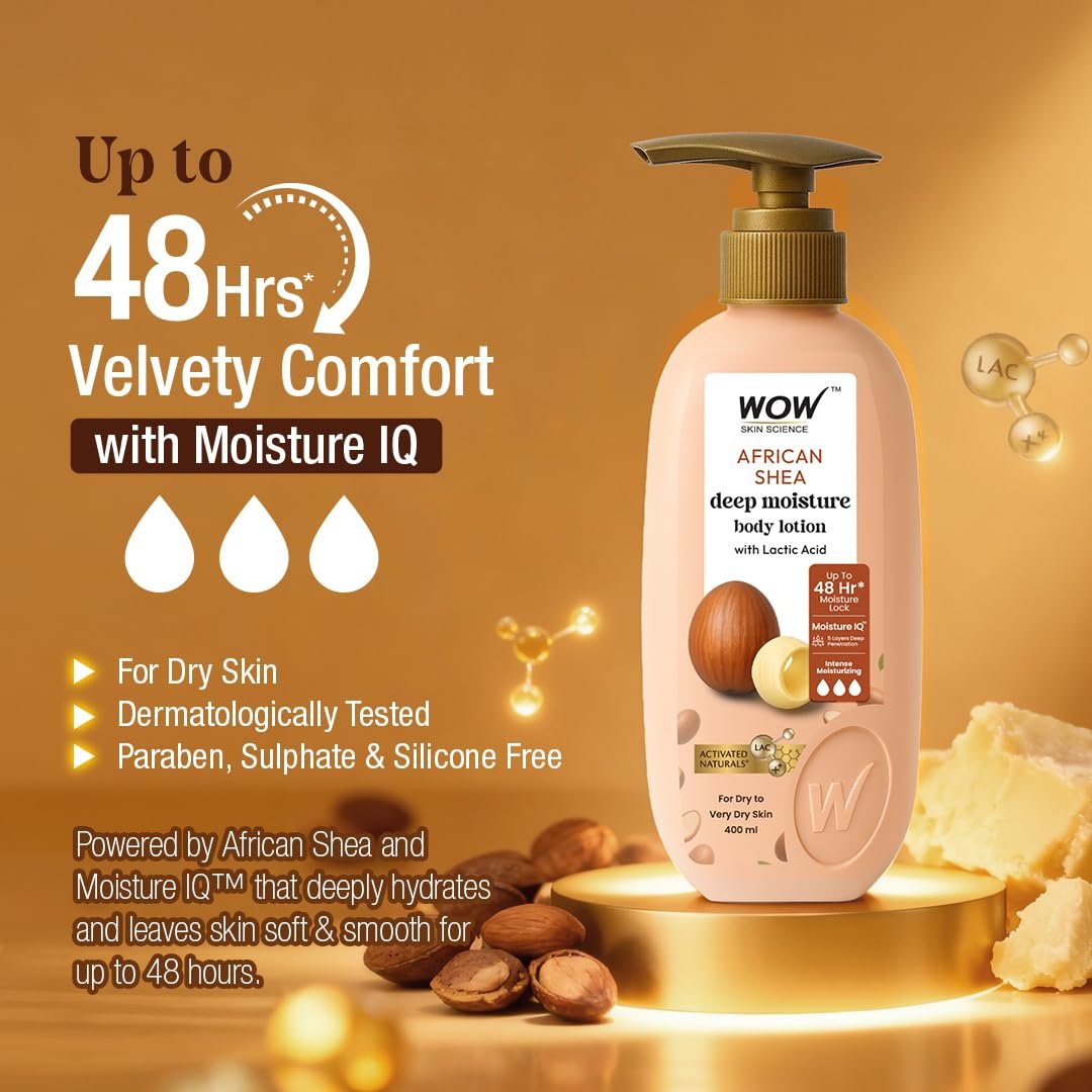 WOW Skin Science Shea Butter With Lactic Acid Body Lotion | Hydrates Very Dry Skin | Long Lasting 48 hrs Moisturization | Smoothens Rough, Flaky Skin | Calms Itchy Skin - 400ml thumbnail