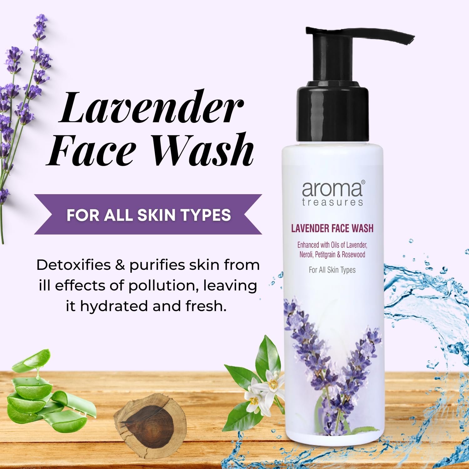 Aroma Treasures Lavender Face Wash for Men & Women | Gentle Daily Cleanser with Neroli, Rosewood & Petitgrain Oils | Acne Control, Oil Balance & Refreshing Glow Facewash – 100ml thumbnail