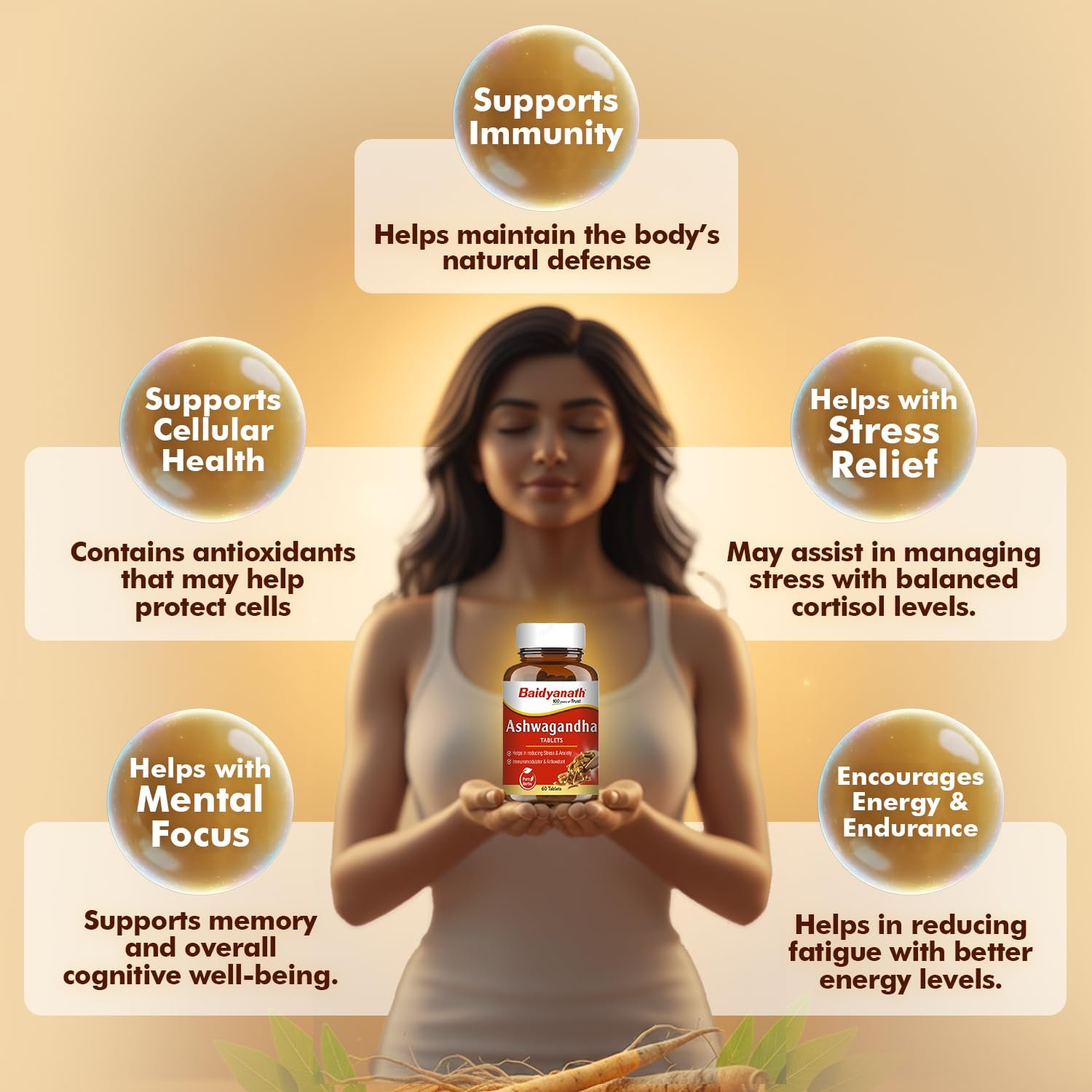 Baidyanath Ayurved Ashwagandha 60 Tablets for General Wellness | Helps Release Stress & Anxiety (Pack of 1) thumbnail