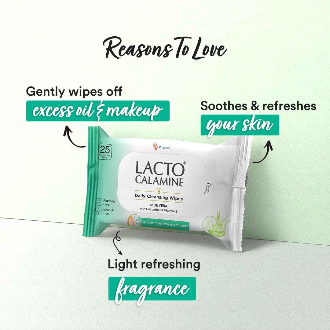 Lacto Calamine Daily Cleansing Face Wipes 25N Each - Pack of 3 | Makeup Remover Wipes | Wet Tissue for Face with Aloe Vera, Cucumber & Vitamin E | Wet Wipes for Women & Men | thumbnail