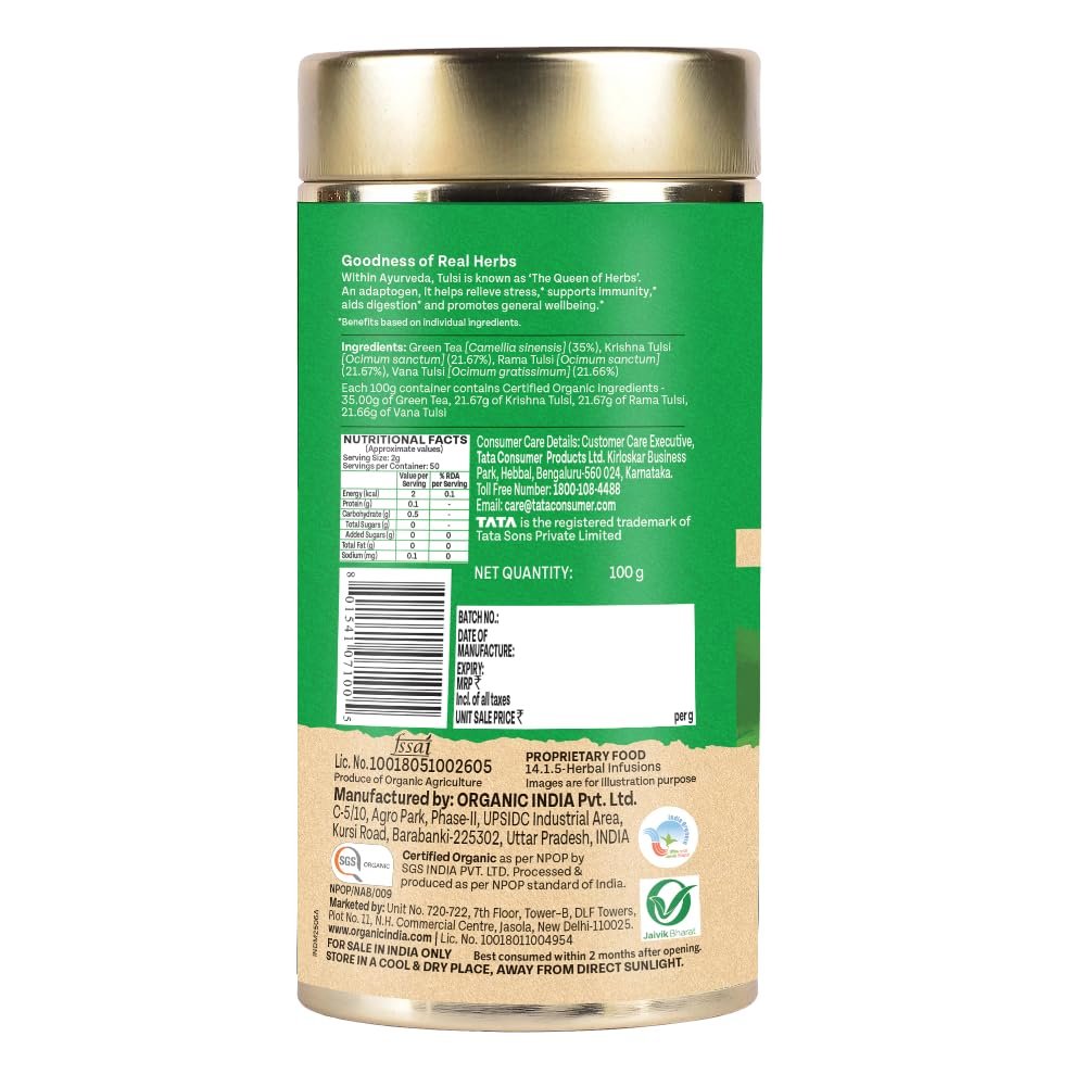A TATA Product - Organic India Tulsi Green Tea Classic Loose Leaves ,Stress Relieving, Uplifts Mood, Rich in Antioxidants - 100g thumbnail