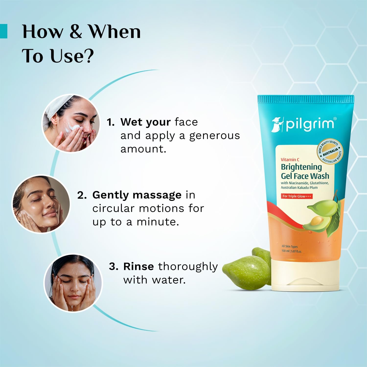 Pilgrim Vitamin C Brightening Gel Face Wash For Glowing Skin - 150ml Triple Glow with Niacinamide & Glutathione, Australian Kakadu Plum, Deep Cleanse, Brightens, Even Tone & Gently Exfoliate thumbnail