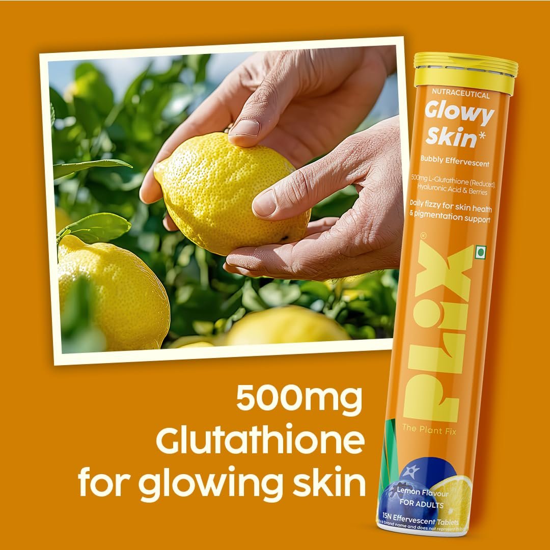 PLIX - THE PLANT FIX Glutathione Effervescent Tablets for Clear, Glowing & Youthful Skin | 500mg Glutathione, Vit E & Hyaluronic Acid | No Maltodextrin, No Sugar | Pack of 2 (30 tabs) | Lemo thumbnail
