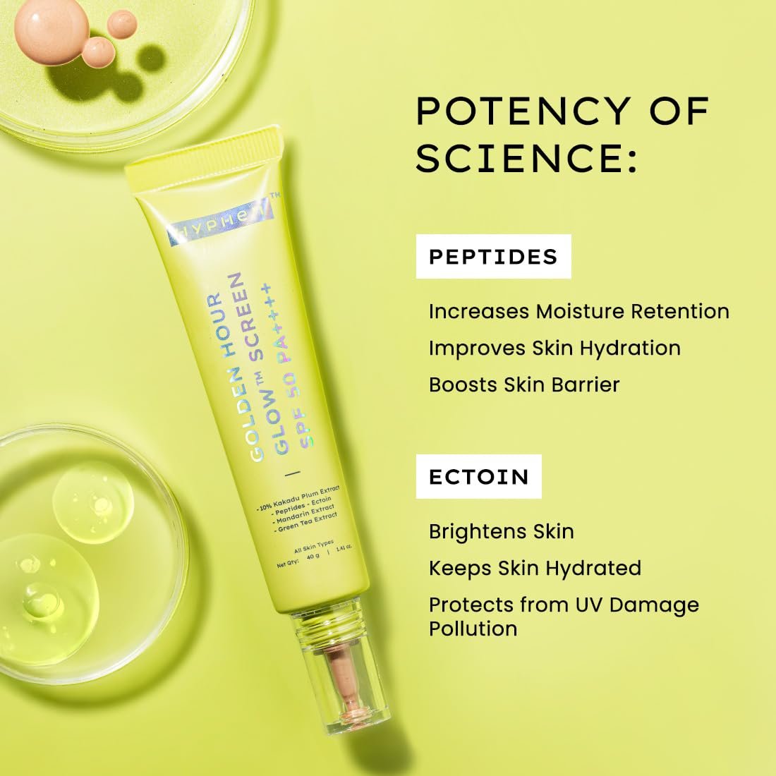 Hyphen Golden Hour Glow Sunscreen Spf 50 Pa++++ Dewy Glow & Bright Skin| Vitamin C Rich-10% Kakadu Plum & Peptides| Winter Sunscreen Moisturizer for Women & Men| - 40G thumbnail