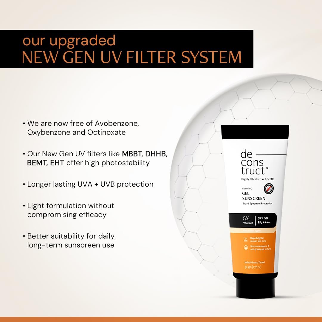 Deconstruct 5% Vitamin C Gel Sunscreen for Oily Skin SPF 50 PA++++ | Brightens Skin Tone | New Gen UV Filters | Lightweight & Non-greasy | In vivo tested | For Men & Women - 50g thumbnail