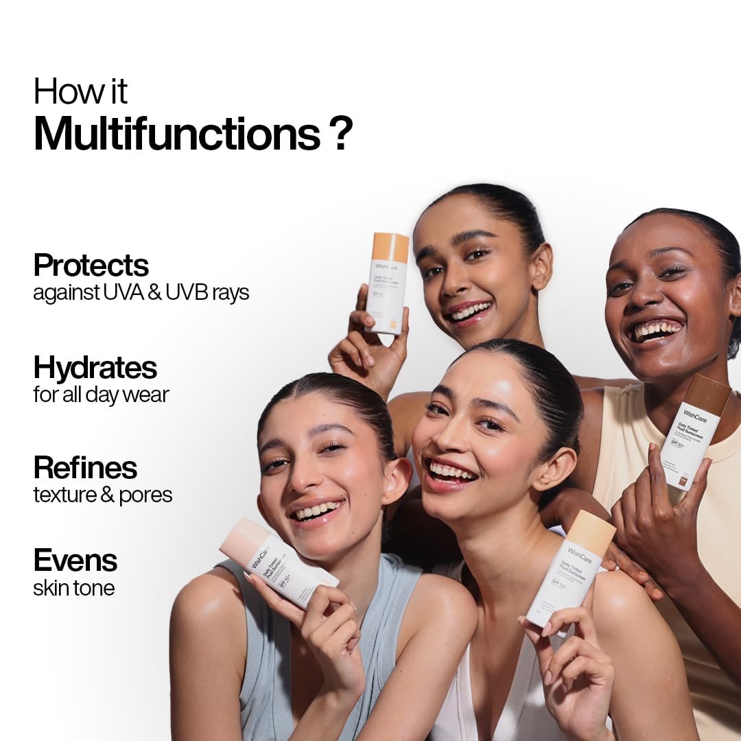 WishCare Daily Fluid Tinted Sunscreen SPF50 PA++++ | R303 | Broad Spectrum Protection for all skin types | In-Vivo Tested Tinted Sun Screen | Evens & Protects | 50ml thumbnail
