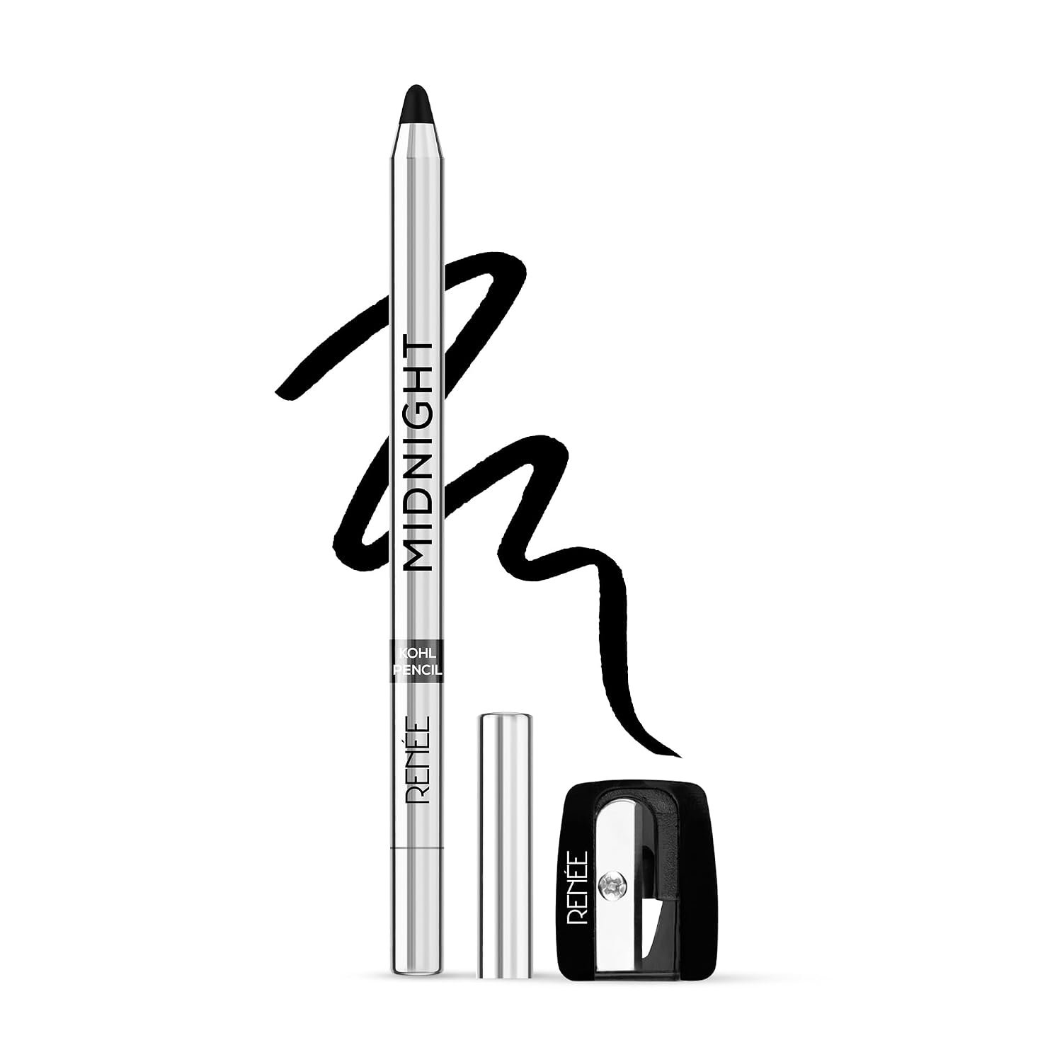RENEE Midnight Kohl Kajal Pencil | Waterproof, Smudgeproof With Sharpener | 24 Hours Long Stay | Darkest Black | One Swipe Application | Vitamin E, Olive Oil and Castor Oil | Matte Finish