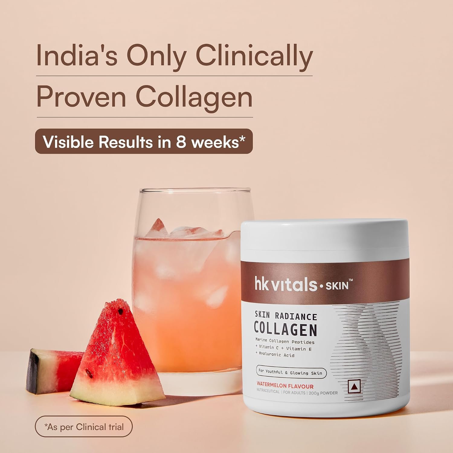 hk vitals Skin Radiance Marine Collagen Supplement Powder, Watermelon, 200g Collagen Peptides with Vitamin C, E | For Youthful & Glowing Skin thumbnail