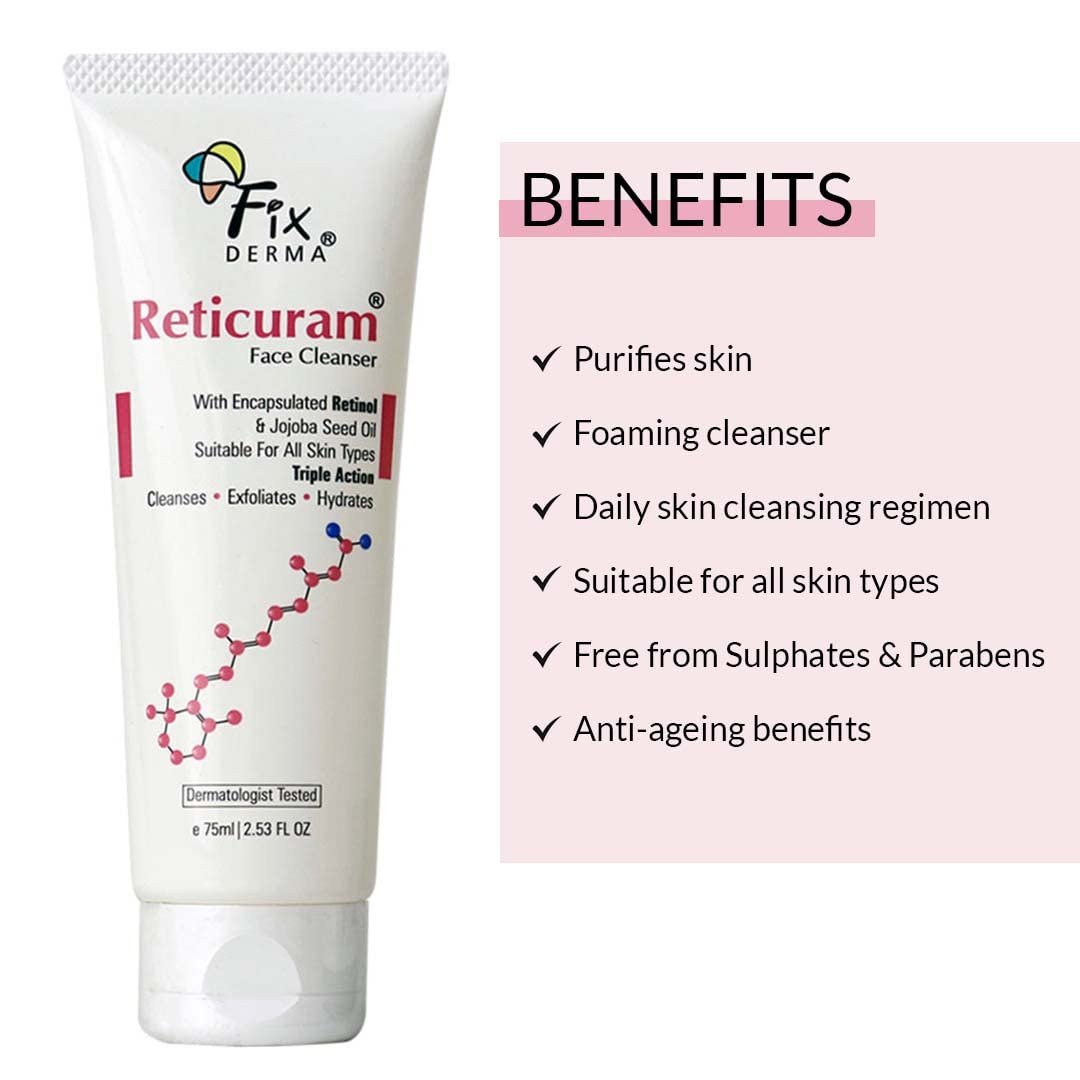 Fixderma 0.05% Retinol Reticuram Face Cleanser , Anti Ageing, Retinol Face Cleanser, Regulates Sebum Production, Deep Pore Cleansing, Soap Free face wash with jojoba oil 50ml thumbnail