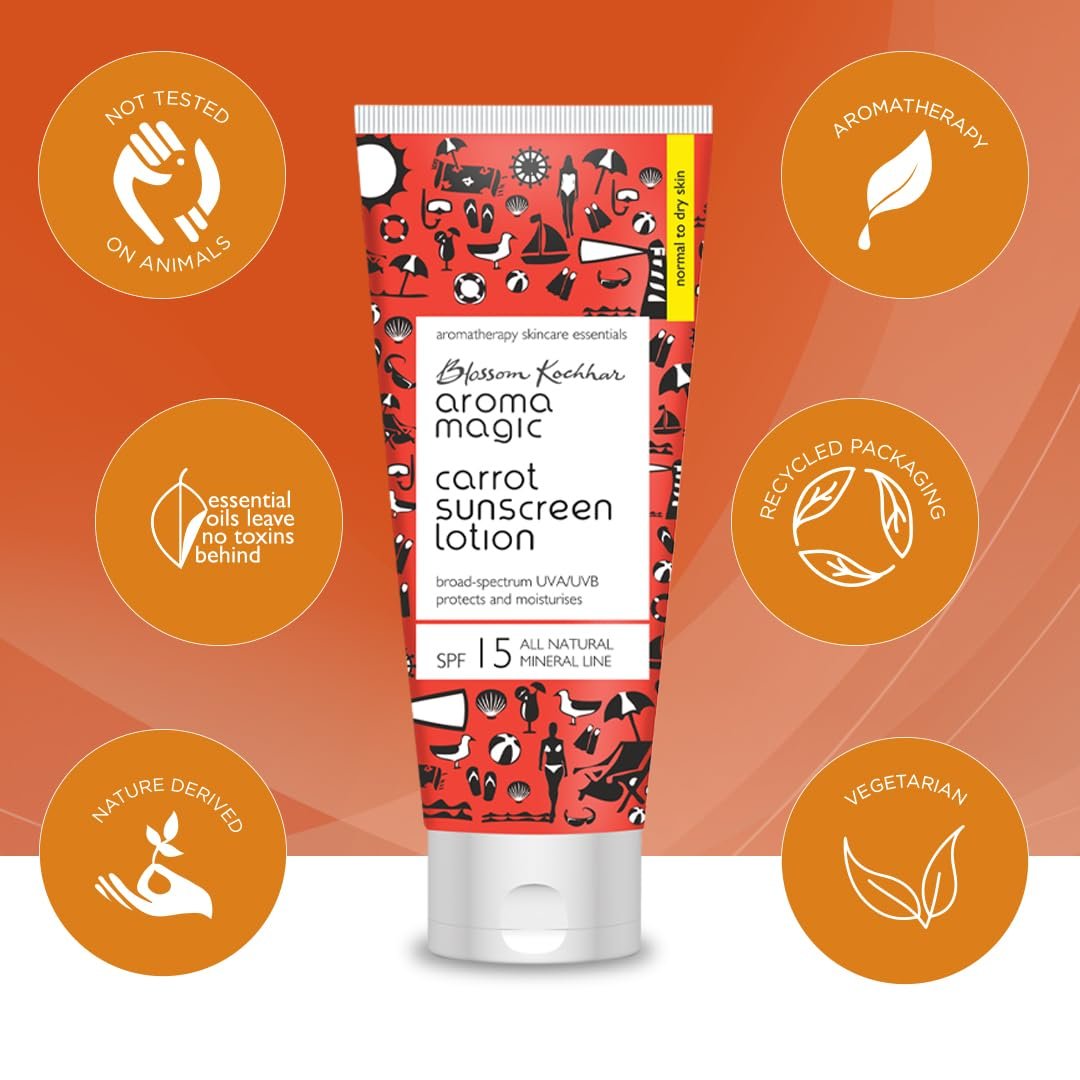 Aroma Magic Carrot Sunscreen Lotion ? 100ml | SPF 15 for Dry Skin | Non-Nano Zinc Oxide, Carrot seed & Rice Bran Oils | No Parabens or Alcohol | Deep Moisture + Sun Protection | 100ml thumbnail