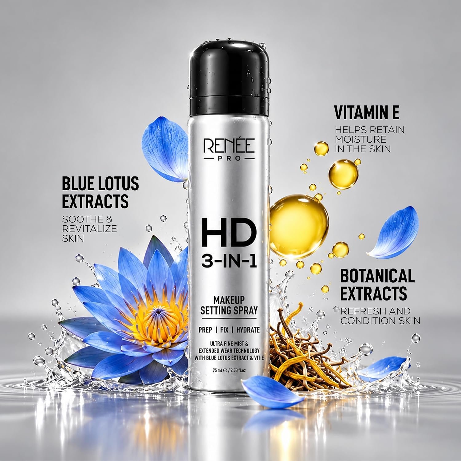 RENEE PRO HD 3-in-1 Long-Lasting Makeup Setting Spray | Preps & Hydrates Skin, Locks Makeup Up To 12 Hours | Water-resistant, Smudge-resistant & Quick-Drying | 75ml thumbnail